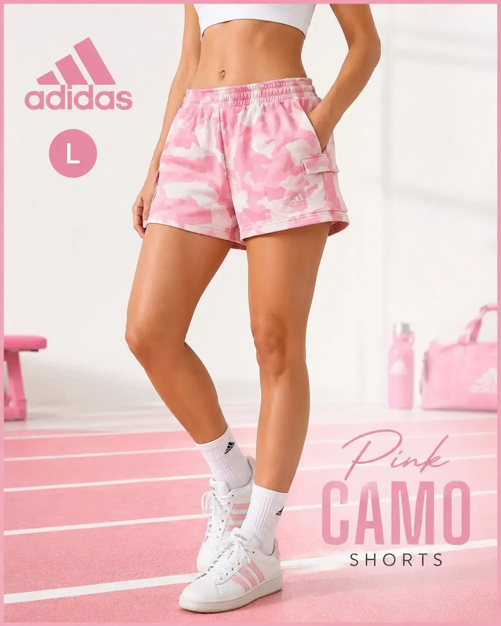 Adidas Pink Camo Cargo Sweat Shorts Women’s Large Utility Y2K